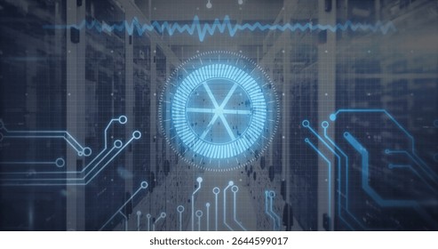 Glowing circular HUD floating in data center aisle, with server racks, circuit traces, waveform. Technology, data, network, digital, cybersecurity, networking, innovation