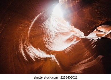 Glowing colors of Upper Antelope Canyon, the famous slot canyon in Navajo reservation near Page, Arizona, USA. Exploring the American Southwest.