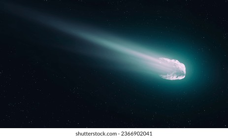 Glowing comet in space. Observation of celestial bodies. Astronomical photography of a comet's tail against a background of stars.
