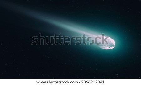 Glowing comet in space. Observation of celestial bodies. Astronomical photography of a comet's tail against a background of stars.