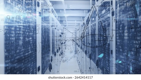 Glowing data center corridor showing server racks with blinking LEDs, cables and digital overlays. Technology, networking, cybersecurity, digital, infrastructure, innovation, high-tech