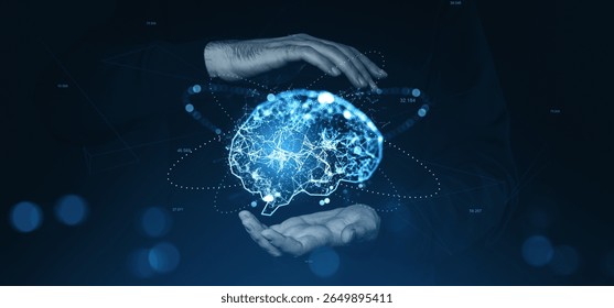 Glowing digital brain with neural nodes held between human hands, futuristic graphic style on dark blue background, concept of intelligence and data - Powered by Shutterstock - Get 15% off with code: PIKWIZARD15