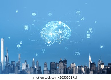 Glowing digital brain and tech icons float above New York City skyline on blue background, illustrating futuristic concept of AI and smart city innovation - Powered by Shutterstock - Get 15% off with code: PIKWIZARD15