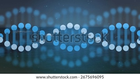 Glowing digital DNA helix pattern floating on teal water surface, with ambient light particles. Futuristic, abstract, scientific, holographic, biotechnology, innovation, serenity