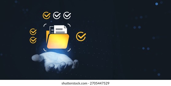 Glowing digital folder with papers and checkmarks floating above a hand, in a creative futuristic style on a dark background, symbolizing data organization concept