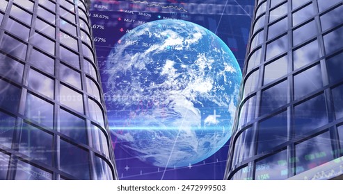 A glowing digital globe displaying between skyscrapers, numbers floating around. It reflects global finance data, merging technology with business