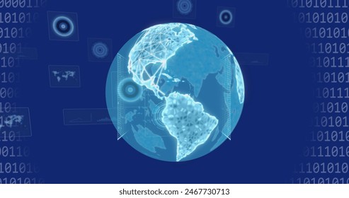 A glowing digital globe with interconnected lines represents global connectivity. Binary code and digital icons surround globe, emphasizing technology-focused theme