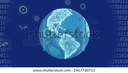 A glowing digital globe with interconnected lines represents global connectivity. Binary code and digital icons surround globe, emphasizing technology-focused theme