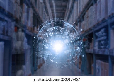 A glowing digital globe overlaying a warehouse aisle, symbolizing global logistics, supply chain management, and technology-driven distribution systems. - Powered by Shutterstock