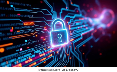 A glowing digital lock surrounded by streams of binary code and data points, symbolizing cybersecurity.  - Powered by Shutterstock