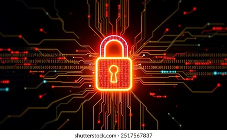 A glowing digital lock surrounded by streams of binary code and data points, symbolizing cybersecurity.