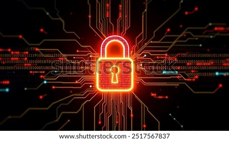 A glowing digital lock surrounded by streams of binary code and data points, symbolizing cybersecurity.