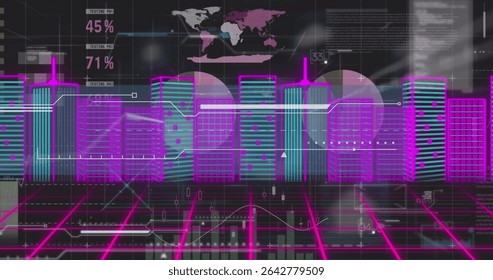 Glowing digital neon city skyline hovering in virtual dashboard, with bar charts and world map. Futuristic, technology, analytics, interface, cyberpunk, neon, visualization