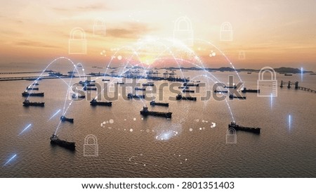 Glowing digital network connections and security padlocks overlaid on a fleet of oil tankers at sunset. Maritime cybersecurity, IoT data protection, and secure global supply chain technology.