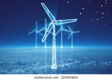 glowing digital wind mill turbine hologram on blue sky and clouds background. Wind generator concept. Double exposure - Shutterstock ID 2235094831