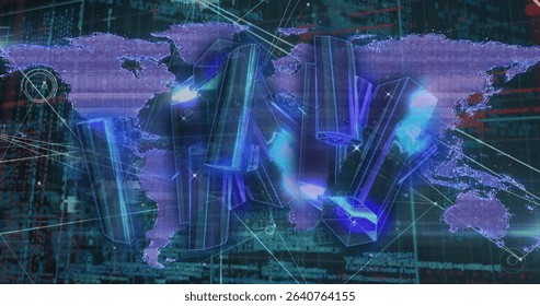 Glowing digital world map grid showing analytics on dashboard, with translucent 3D bars, neon nodes. Geospatial, data visualization, futuristic, technology, connectivity, dashboard, analysis