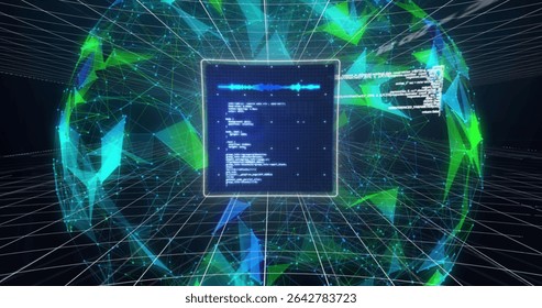 Glowing display panel projecting waveform and code in digital space, with mesh and grid lines. Technology, cyberspace, futurism, digital, network, innovation, visualization