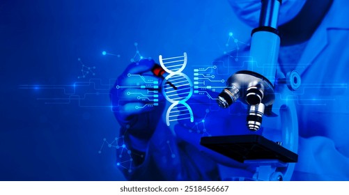 Glowing DNA hologram on dark blue background. Science, medicine and biotechnology concept. Medical or scientific researcher or man doctor looking at a test tube of clear solution in a laboratory. - Powered by Shutterstock