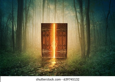 Glowing door in the middle of the forest
