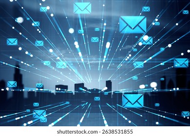 Glowing email envelope icons with light trails over a city skyline, modern abstract style on blue digital background, concept of communication