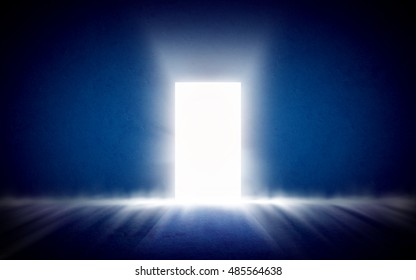 Glowing Exit From Dark Room, Open Door. Background, Template, Mock Up