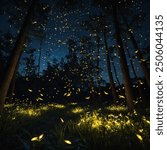 Glowing Fireflies depicts a magical night scene where tiny, luminescent fireflies dance in the twilight. Their soft, glowing light punctuates the darkness, creating a whimsical display that flickers a