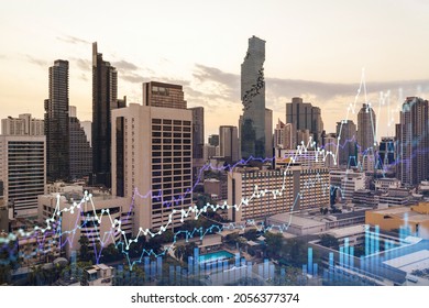 Glowing FOREX graph hologram, aerial panoramic cityscape of Bangkok at sunset. Stock and bond trading in Southeast Asia. The concept of fund management. Double exposure. - Shutterstock ID 2056377374