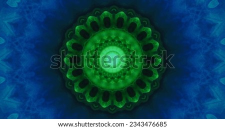 Glowing fractal. Kaleidoscope ornament. Green blue color round creative symmetrical pattern abstract art background with free space.