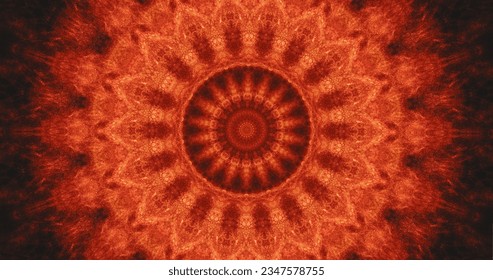 Glowing fractal. Kaleidoscope ornament. Sparkling red orange black color circle shape creative ornament abstract art background with free space.