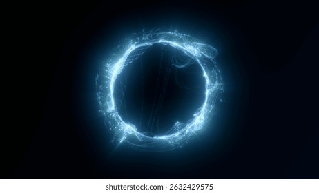 Glowing futuristic energy ring made of light particles and digital waves rotating in dark space. Abstract sci-fi portal loop animation in blue tones , AI, cyber visuals, and high-tech backgrounds 