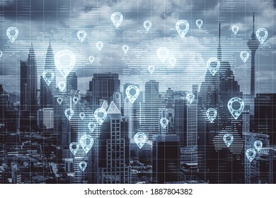 Glowing Geolocation Hologram With World Map Over Modern City. Geolocation And Distributed Data Concept.