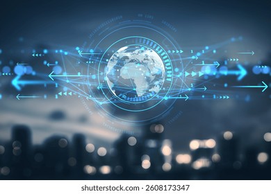 Glowing globe with binary data and arrows overlaying a blurred cityscape background at night, representing global technology and digital information flow