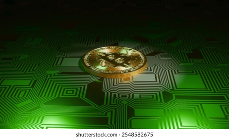 A glowing golden Bitcoin on a green circuit board, representing the digital currency's integration with technology and symbolizing positive trends, such as rising prices, growth, and profit.