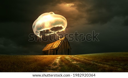 Glowing Golden Jelly fish above a hut 8K background