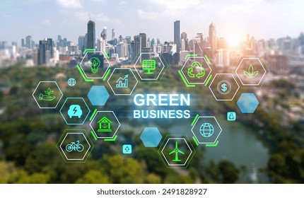 Glowing green business hologram hud, diverse icons cells in row. Bangkok skyscrapers and park, double exposure ecosystem and big city lifestyle. Concept of environment and renewable resources