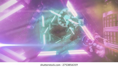Glowing hex frames rotating with neon bars, clear rings, circuitry, panel-grid in scifi tunnel. Hexagonal, corridor, kaleidoscopic, glow, futuristic, grid, panels - Powered by Shutterstock - Get 15% off with code: PIKWIZARD15