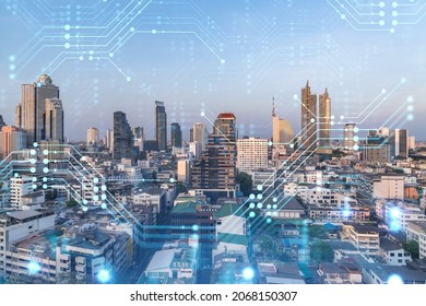 Glowing hologram of technological process, aerial panoramic cityscape of Bangkok at sunset. The largest innovative hub of tech services in Southeast Asia. Multi exposure. - Shutterstock ID 2068150307