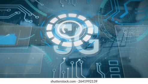 Glowing holographic 5G symbol hovering above grid with circuit traces, progress rings and UI panels. Futuristic, digital, interface, technology, connectivity, innovation, data