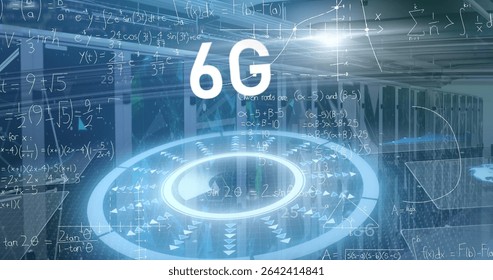 Glowing holographic 6G label and circular interface floating in data center, with server racks. Technology, innovation, digital, futuristic, infrastructure, networking, cybersecurity - Powered by Shutterstock - Get 15% off with code: PIKWIZARD15