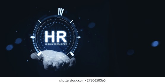 Glowing HR human resources interface floating above hand, futuristic digital graphic style, dark abstract background, concept of technology in HR