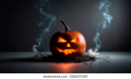 A glowing jack-o'-lantern with a carved face emits smoke, sitting on a dark surface. The image is slightly blurred, creating a spooky Halloween atmosphere - Powered by Shutterstock