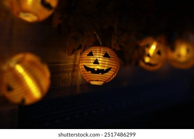 Glowing Jack-o'-Lantern Lanterns in Fall Decor for Halloween Celebration