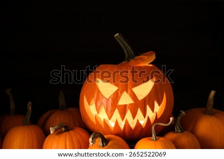 Glowing jack-o'-lantern lit from inside, surrounded by small orange pumpkins on black background. Halloween still life with spooky light and festive autumn decor