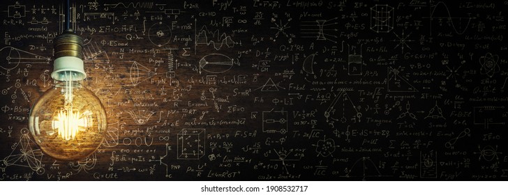 Glowing lamp as a symbol of scientific thought against the background of physical and mathematical formulas. Science and education background.