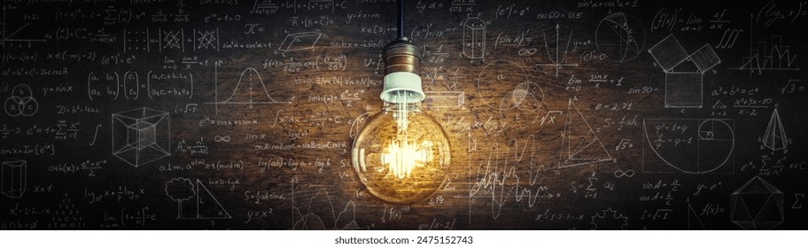 Glowing lamp as a symbol of scientific thought against the background of physical and mathematical formulas. Science and education idea cooncept background. - Powered by Shutterstock