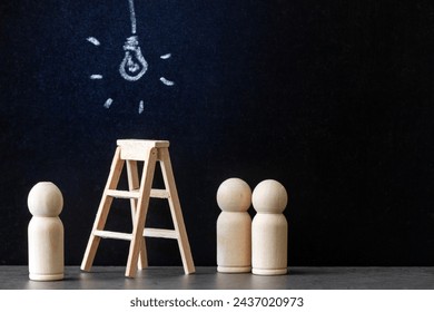 Glowing light bulb drawn with chalk on blackboard with wooden ladder and people figurines, concept of new ideas, innovations and solutions in business - Powered by Shutterstock