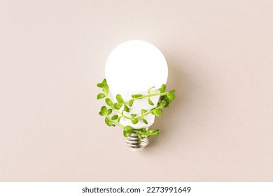 Glowing light bulb with green leaves on beige background. Green energy creative concept. Eco LED Lamp, environment sustainable. - Powered by Shutterstock