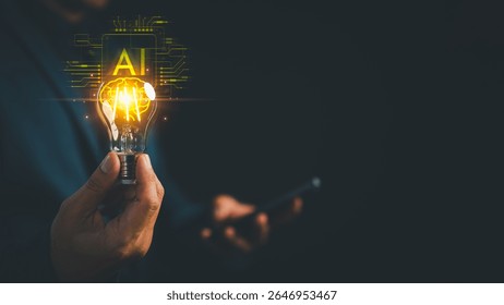 A glowing light bulb held in hand with AI brain circuitry. AI in education learning innovation, artificial intelligence, thinking, machine learning, and digital technology in a futuristic concept.