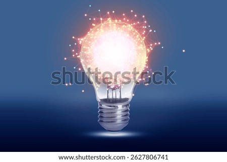 Glowing light bulb with pattern of connected dots on blue gradient background. Idea, creativity, innovation