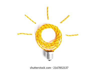 Glowing Lightbulb Symbol Made From A Bulb Base And A Clothes Drying Rope Isolated On White Background. Managing Household Tasks Creatively.